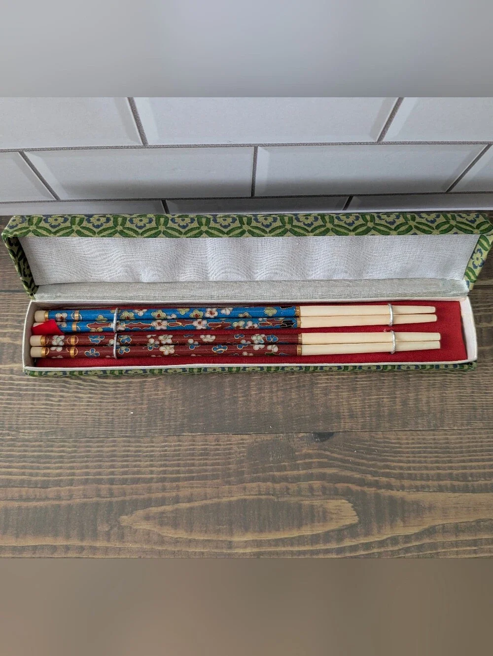 BoxVintage Cloisonné Enamel & Bone Chopsticks In Original Box Set Of 2